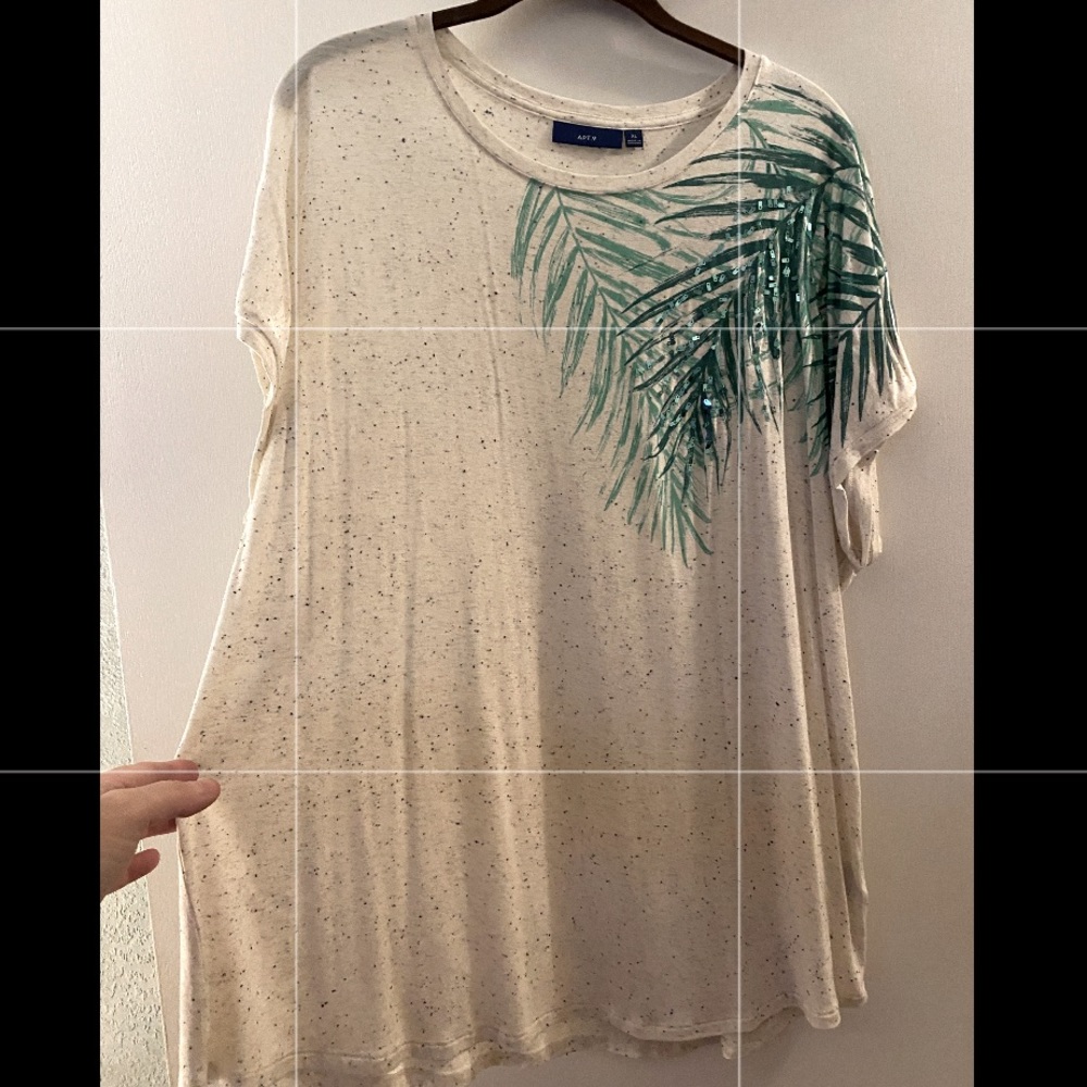 NBW. APT.9 oatmeal colored jersey top with green sequence. Size XL
